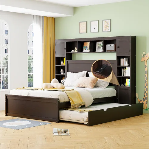 Versátil cama de plataforma de madera tamaño Queen con armario y nido todo en uno, estante y enchufes, para niños, adolescentes y adultos, uso de KLMM