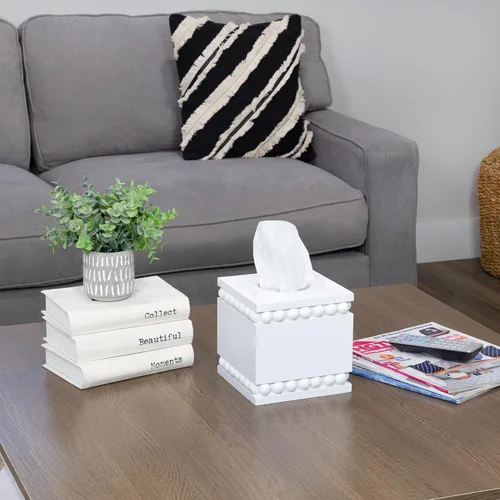 Vista 5 de AuldHome Design Cubierta cuadrada para caja de pañuelos con cuentas (blanca); soporte de pañuelos de madera rústico de granja