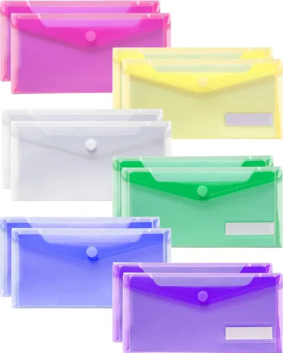 Sooez Sobres de plástico pequeños, paquete de 12 bolsas de plástico con bolsillo para etiquetas, bolsa para lápices, sobres de dinero para efectivo,