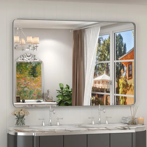 Espejo de baño de níquel cepillado de 48 x 32 pulgadas, espejo de pared con marco de metal plateado cepillado, espejo de tocador moderno rectangular
