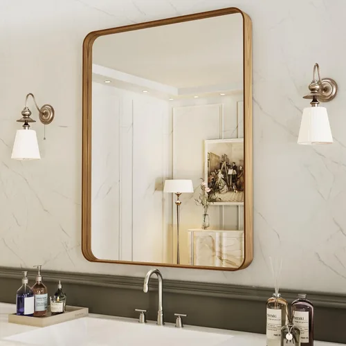 Vista 26 de LOAAO - Espejo de baño/tocador con marco de metal color níquel cepillado plateado de 22x30 pulgadas para pared, rectangular, redondeado