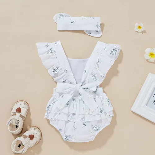 Vista 3 de Mameluco con volantes y diadema con estampado de margaritas para bebé, diseño floral, ropa de verano