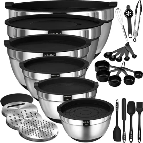 Umite Chef, 26 piezas de juego de cuencos de acero inoxidable con tapas herméticas, 3 accesorios ralladores y fondo antideslizante negro, tamaño 7,