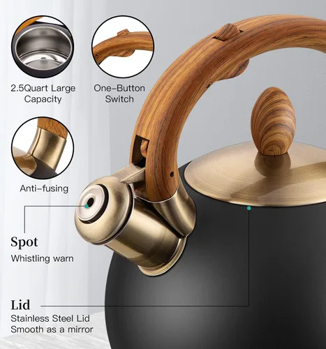 Vista 4 de Tetera y tetera de té, tetera de cocina de acero inoxidable de 2.64 cuartos de galón de grado alimenticio con silbato por inducción para estufa