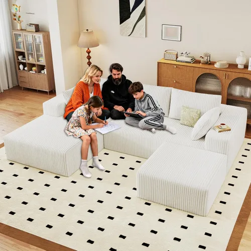 Vista 46 de Sofá modular Cloud de 95 pulgadas con otomana, moderno sofá nube en forma de U con asiento profundo, cómodo sofá de pana de 3 plazas, sofá de espuma