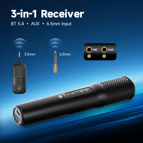 Vista 3 de Sistema de micrófonos inalámbricos, micrófono de mano dual con receptor recargable, para karaoke, discurso, boda, iglesia, sistema de PA, eventos al