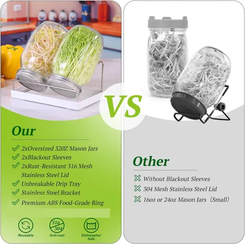 Vista 3 de Kit de tarros de germinación, 2 tarros grandes de boca ancha con tapa de brote de pantalla, soporte para tarro de brotes, bandeja, mangas opacas