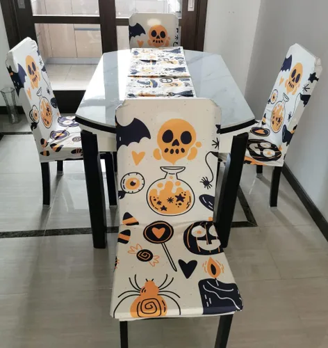 Vista 3 de Juego de 4 fundas elásticas para sillas de comedor de Halloween, fundas protectoras para sillas Parsons con estampado de Jack-o'-Lantern