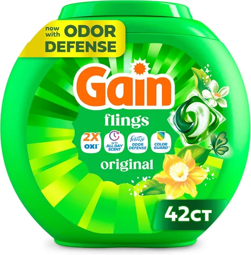 Gain Flings - Paquete de detergente líquido para lavado, ahora con protección contra olores + protector de color, aroma original, cápsulas de