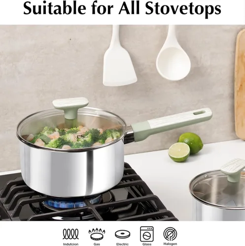 Vista 4 de KOCH SYSTEME CS Juego de sartenes de acero inoxidable, juego de ollas de acero inoxidable de 1.5 cuartos y 2 cuartos de galón y 3 cuartos con tapa