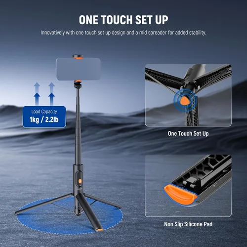 Vista 5 de NEEWER PA992 - Trípode para selfie stick de 57.9 pulgadas compatible con iPhone Samsung Android, soporte de metal portátil ligero para teléfono