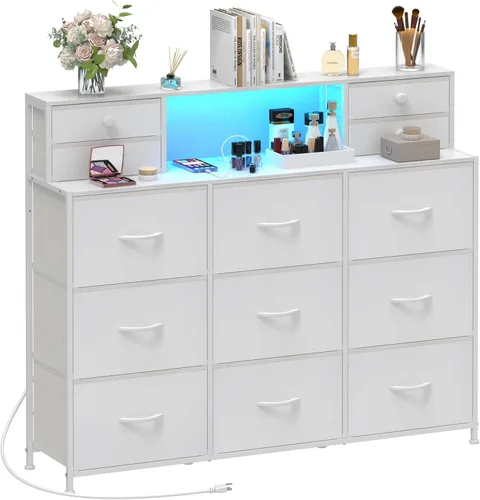 Vista 10 de Cómoda negra con estación de carga y luces LED de 13 cajones, cómodas para dormitorio, cómodas largas y baúles de cajones para sala de estar