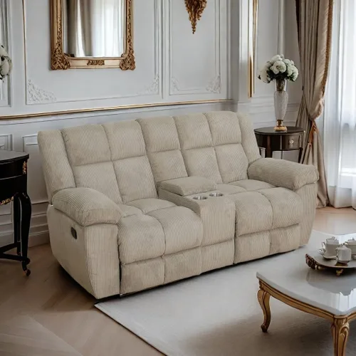 Vista 11 de Juego de sofá reclinable manual de pana extragrande para sala de estar, juego de sofá de pana con mesa desplegable y portavasos para Beige