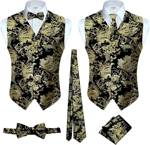 Vista 12 de Gioberti Chaleco formal de cachemira de 4 piezas para hombre, corbatín y pañuelo de bolsillo Negro B