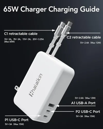 Vista 4 de Cargador de 65 W para MacBook Pro, enchufe de cargador de pared retráctil 5 en 1 para iPhone Blanco