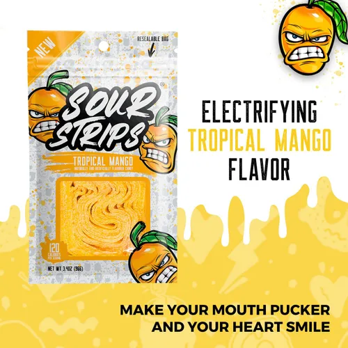 Vista 2 de SOUR STRIPS Dulces tropicales con sabor a mango Deliciosamente Chewy Belts - Caramelos vegetarianos, 12 por paquete, 2
