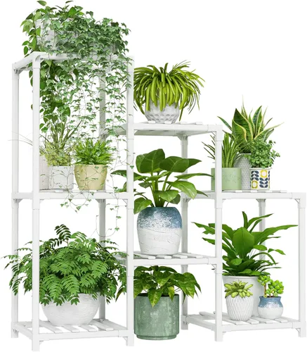 Vista 15 de Bamworld - Soporte para plantas de interior, estante de madera de exterior para múltiples plantas, soporte escalonado de 3 niveles para sala