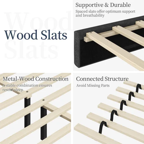 Vista 6 de Yaheetech Base de cama tapizada, moderna plataforma de cama full con cabecera de costura cuadrada y botones capitoné, altura ajustable, soporte