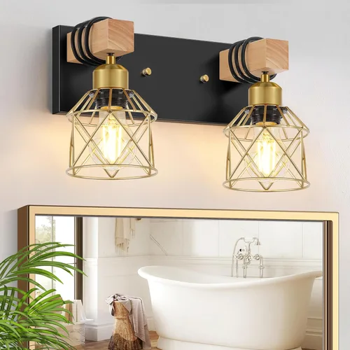Vista 11 de FadimiKoo Lámparas de Tocador de Baño Estilo Granja de 2 Luces, Iluminación de Baño de Madera Sobre Espejo, Apliques de Pared Rústicos Negros