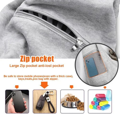 Vista 7 de Tomkas Canguro portaperros para perros pequeños y cachorros, bolsillo con cremallera y correa ajustable, para mascotas de 3 a 10 lb (gris)