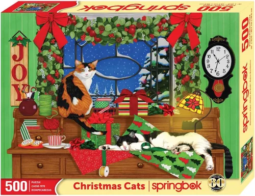 Vista 2 de Springbok - Gatos de Navidad - Rompecabezas de 500 piezas - Carey y gatos blancos y negros en vacaciones