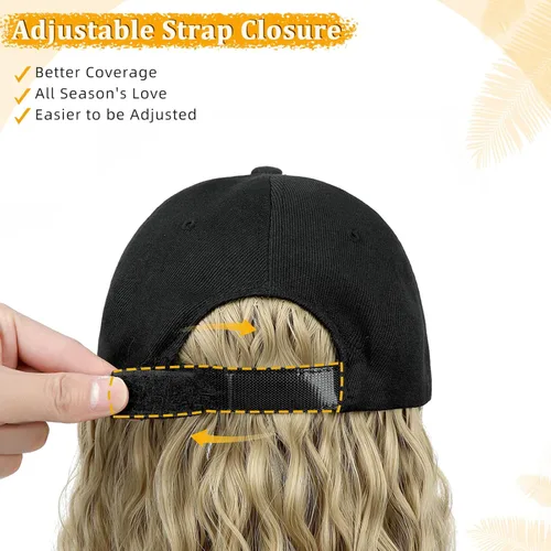 Vista 4 de Gorra de béisbol con extensiones de cabello, peluca ajustable, gorra rizada de 14 pulgadas, peluca sintética para mujer, rubio ceniza