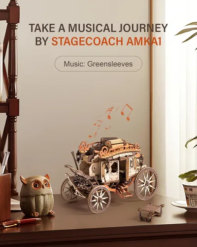 Vista 3 de ROBOTIME Caja de rompecabezas de madera con caja de música Stagecoach AMKA1, regalo de día de San Valentín Rompecabezas de madera 3D para adultos