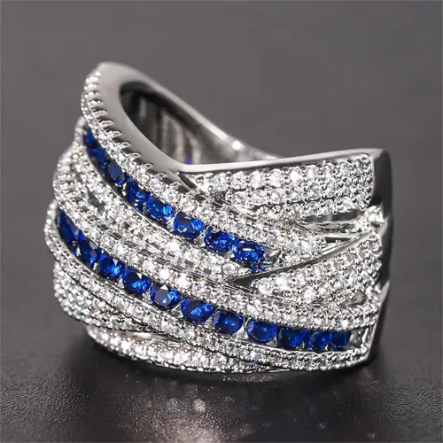 Vista 4 de Anillo de plata de ley 925 con zafiro natural, anillo cruzado de circonita cúbica, anillo de compromiso de eternidad, anillo de compromiso de boda
