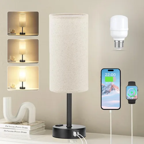 Vista 21 de Fenmzee Juego de lámparas de mesa pequeñas táctiles regulables de 2 a 3 vías, carga USB A + C, salida de CA, base de grano de madera, bombillas