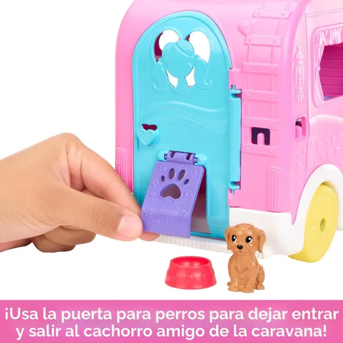 Vista 6 de Barbie Camper, Chelsea - Juego 2 en 1 con muñeca pequeña, 2 mascotas y 15 accesorios, el vehículo se transforma en campamento (exclusivo de Amazon)
