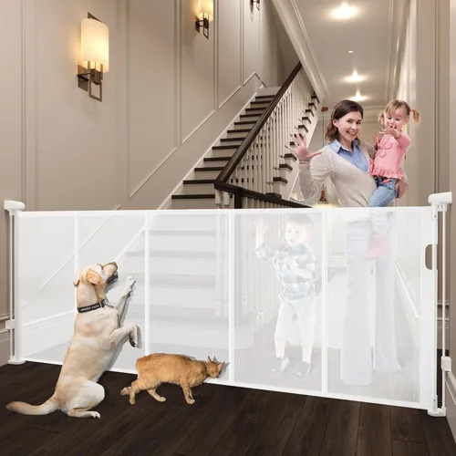 Vista 9 de Puertas retráctiles para bebés para escaleras, puerta de bebé de 55 pulgadas de ancho, puerta para perros, puerta retráctil para mascotas de 41