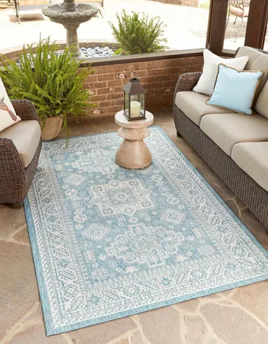 Vista 79 de Unique Loom Outdoor Aztec Collection Alfombra de área - Chalca (10 pies, redonda, azul/marfil)