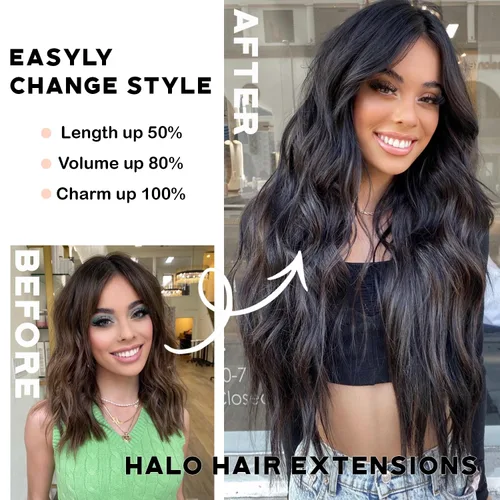 Vista 4 de Extensiones de cabello tipo halo de 20 pulgadas, con alambre invisible, largo, ondulado, marrón oscuro, extensiones de cabello para mujer