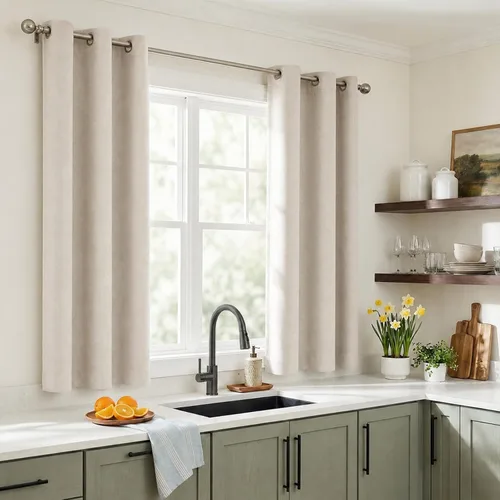 Vista 5 de Cortinas pequeñas cortas con textura de lino 100% opacas para ventanas de Alba Beige