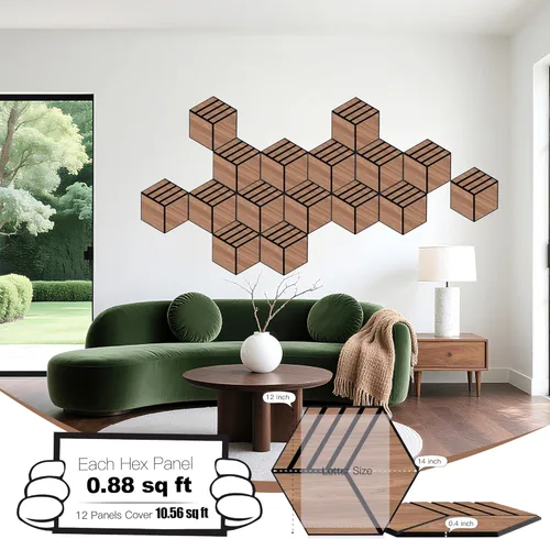 Vista 2 de Mollywell Paneles acústicos hexagonales, nogal S4, 14 x 12 x 0.4 pulgadas, paquete de 12 unidades chapa de madera Paneles de pared de alta