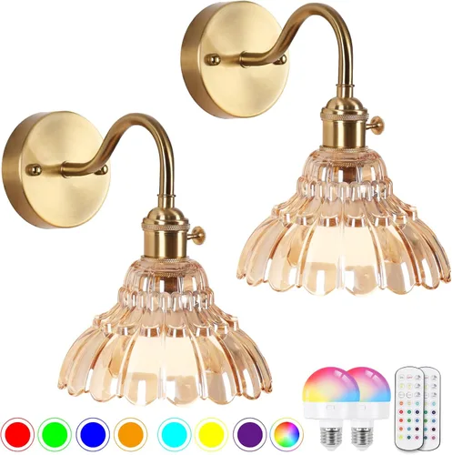 Vista 10 de Juego de dos apliques de pared vintage que funcionan con pilas, para interiores, no cableados, de latón y cristal verde, luces de pared RGB