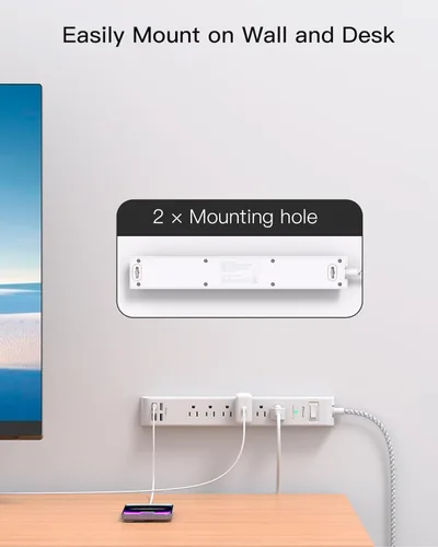 Vista 7 de Regleta protectora de sobretensiones de 10 pies con 4 puertos USB, 2 USB-C, 6 tomas de CA, cable de extensión de enchufe plano, estación de carga