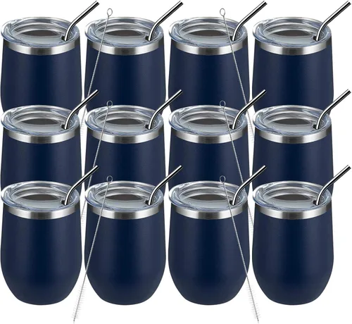 Vista 23 de MEWAY Vaso de vino sin tallo de 12 onzas con tapa, vaso de viaje de acero inoxidable con aislamiento de doble pared al vacío con popote, para Negro