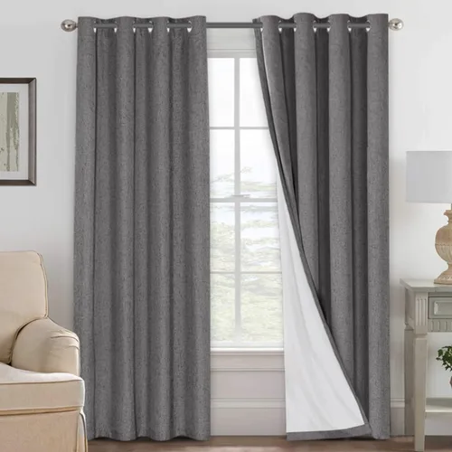 Vista 113 de H.VERSAILTEX Cortinas 100% opacas con aislamiento térmico, texturizadas, de lino, con bloqueo completo de calor y luz, para sala de estar y Negro