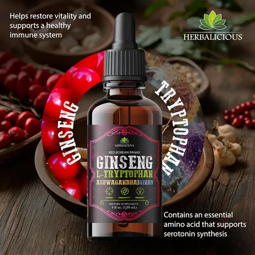 Vista 2 de Red Korean Panax Ginseng - Gotas líquidas con L-triptófano, Ashwagandha y ginkgo - Mezcla de adaptógenos herbales para el bienestar diario