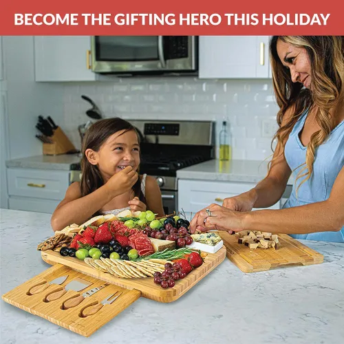 Vista 6 de Home Euphoria Juego de tabla grande de bambú para charcutería y cuchillos, tabla de queso con cuencos, hermoso regalo para mamá