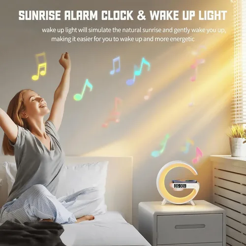 Vista 4 de Lámpara de mesa LED con cargador inalámbrico, lámpara de luz nocturna en forma de G con altavoz Bluetooth, reloj despertador de amanecer, mini