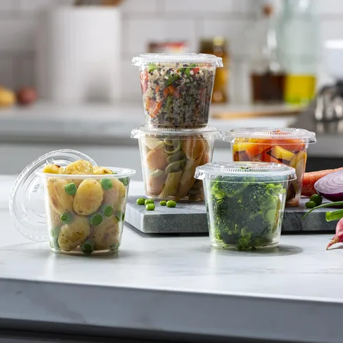 Vista 4 de 5 oz 100 juegos Vasos de plástico transparente con tapas, pequeños recipientes para control de porciones, chupitos de gelatina, preparación