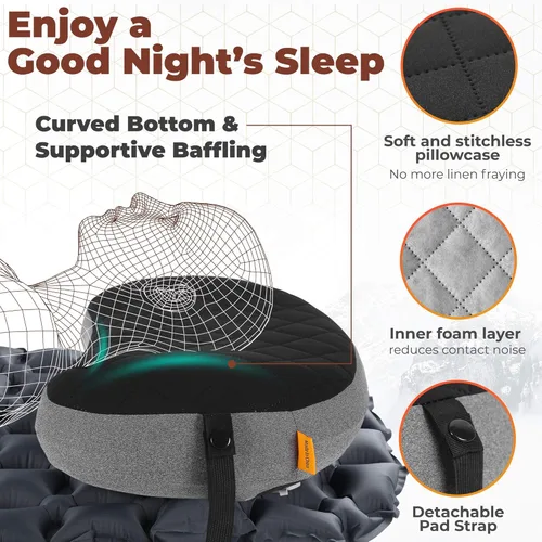 Vista 2 de TREKOLOGY Almohada de camping con funda extraíble, almohada inflable para mochileros, almohadas inflables ultraligeras para dormir almohada compacta
