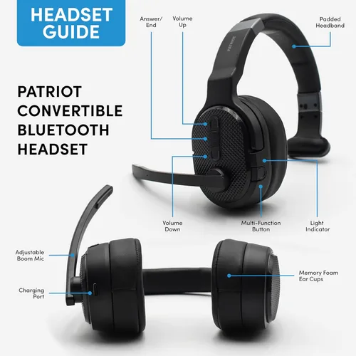 Vista 4 de FalconEye Electronics Patriot Convertible Bluetooth sobre la cabeza Auriculares estéreo con cancelación de ruido de una o dos orejas, alcance de más