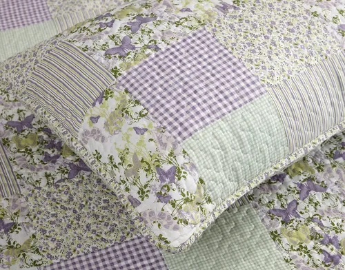 Vista 6 de Chezmoi Collection Daisy - Juego de edredón de 3 piezas con estampado de retazos Colcha a cuadros de caramelo botánico de mariposas moradas Colcha