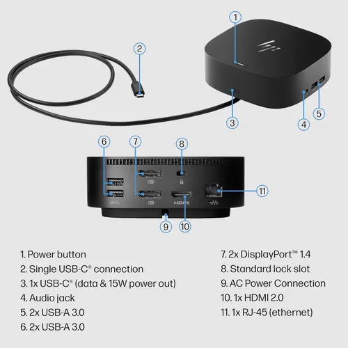 Vista 7 de HP USB-C Dock G5 - Adaptador 11-en-1 para portátiles, PC y notebooks con USB-C y Thunderbolt - Un solo cable para carga, red o transferencia