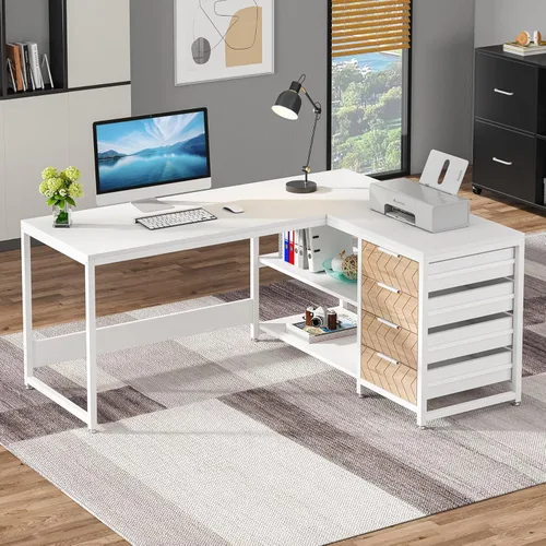 Vista 26 de Tribesigns Escritorio para computadora en forma de L con cajones de almacenamiento, escritorio esquinero de 59 pulgadas con estantes, escritorio
