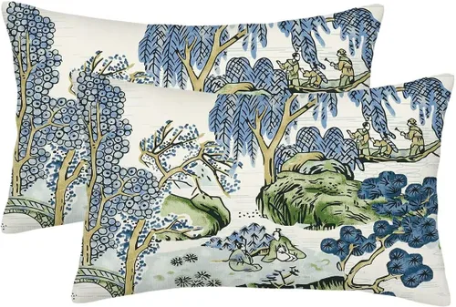 Vista 24 de Juego de 2 fundas de almohada florales bohemias de 16 x 16 pulgadas, fundas de almohada de lino con estampado de bloques azules estilo campestre