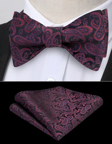 Vista 208 de HISDERN Pajaritas para hombre, corbatín de cachemira para hombre, corbata de lazo y bolsillo cuadrado, juego formal de esmoquin para boda